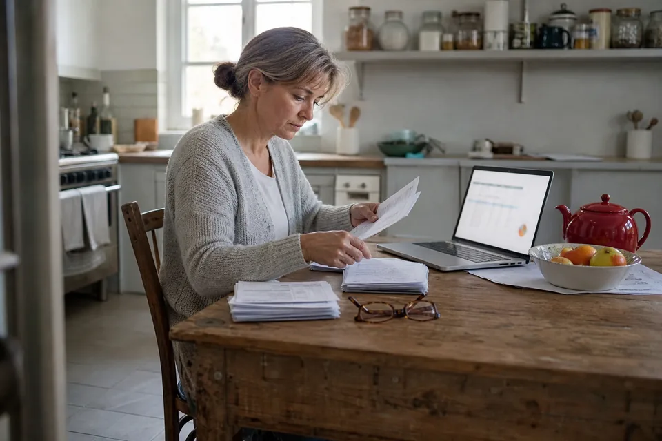 Portfolio owner reviewing renewal invoices and a laptop spreadsheet at a kitchen table