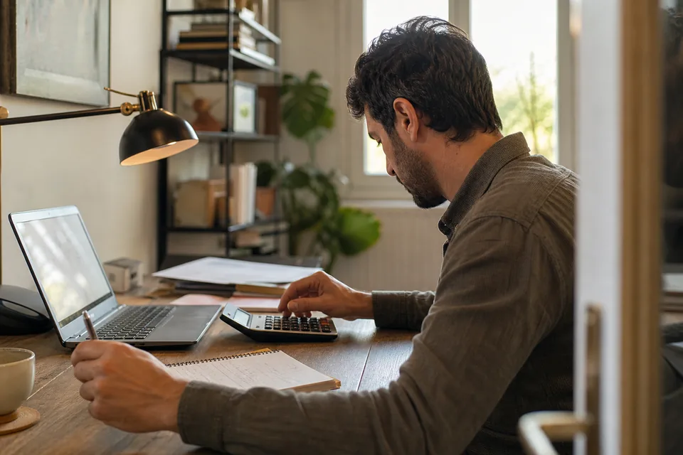 Domain owner at a home desk working out sale proceeds on a calculator next to a laptop