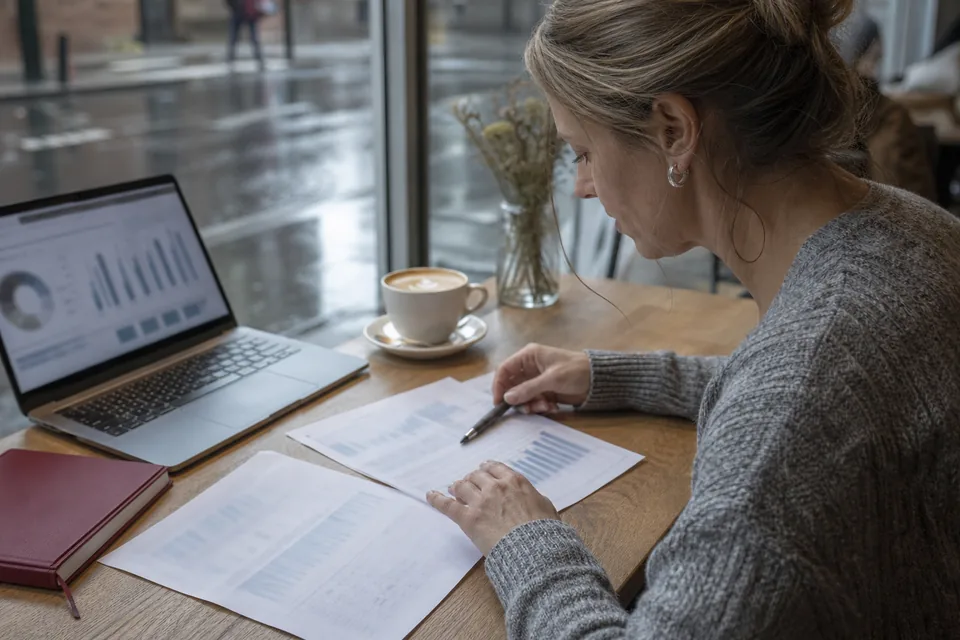 Person comparing two options on a laptop and a printed sheet