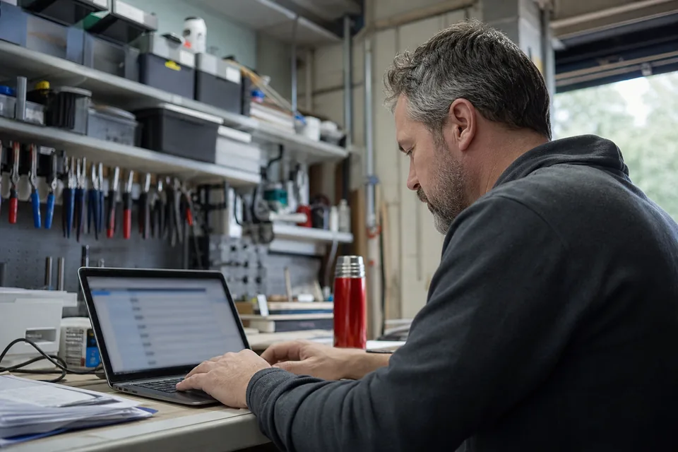 Seller listing a name for sale from a laptop at a bright desk