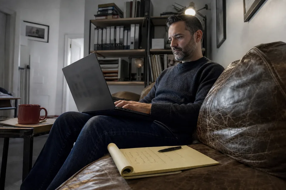 Small business owner on a home office sofa checking a domain on a laptop with notes on the cushion