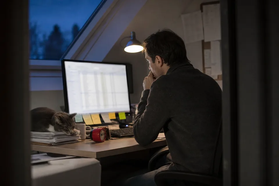 Domain investor working late in a home office with a list of expiring names on screen