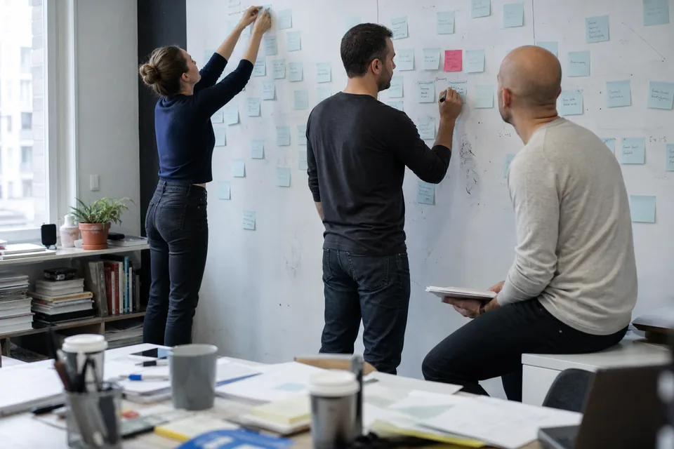 Naming agency team at a whiteboard covered with sticky notes of candidate names