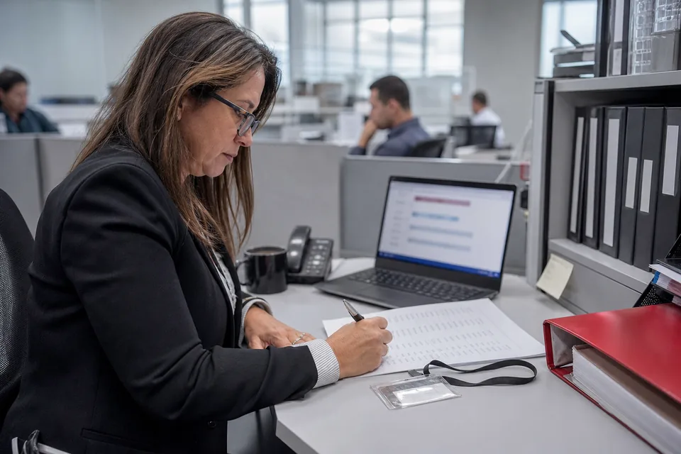 Legal and IT manager reviewing a checklist next to a laptop in a corporate office